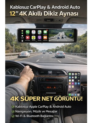 Qifit 12” Dokunmatik Akıllı Dikiz Aynası Kamera CarPlay Android Auto FM Transmitter 4K Çift Kamera