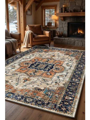 Kilim Home Vintage Etnik Desenli Lacivert Krem Salon Halısı – Kaymaz Taban Yıkanabilir Halı