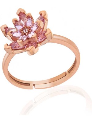 DMR Elegance Gümüş Rose Pembe Taşlı Lotus Çiçeği Kadın Yüzük