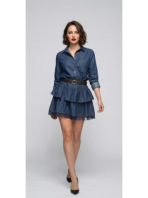 Dantel Detaylı Fırfırlı Kemerli Denim Etekli Takım