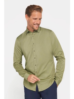 Tudors Slim Fit Uzun Kollu Likralı Düz Pamuk Saten Erkek Yeşil Gömlek