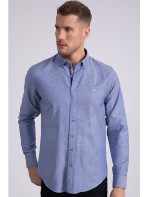 Tudors Erkek Slim Fit Dar Kesim Uzun Kollu Pamuklu Oxford Doku Kolay Ütülenebilir Mavi Düğmeli Yaka Gömlek