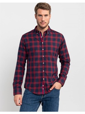 Tudors Slim Fit Uzun Kollu Düğmeli Yaka Kareli Pamuklu Kolay Ütü Erkek Gömlek