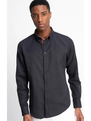 Tudors Erkek Slim Fit Dar Kesim Uzun Kollu Pamuklu Oxford Doku Lacivert Düğmeli Yaka Gömlek
