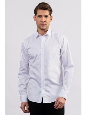 Tudors Modern Slim Fit Uzun Kollu Pamuk Saten Premium Seri Erkek Beyaz Gömlek