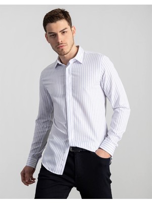 Tudors Slim Fit Uzun Kollu Pamuklu Kolay Ütü Çizgili Erkek Beyaz Gömlek