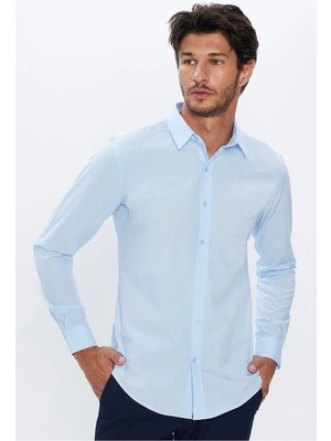 Tudors Erkek Slim Fit Dar Kesim Pamuklu Terry Cotton Kumaş Kolay Ütü Mavi Gömlek