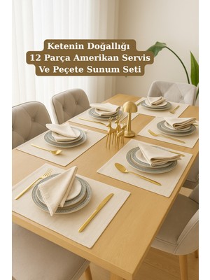 Morlay Lınen | 12 Adet Organik Ham Yıkanmış Keten Amerikan Servis ve Servis Peçetesi Sofra Sunum Takım