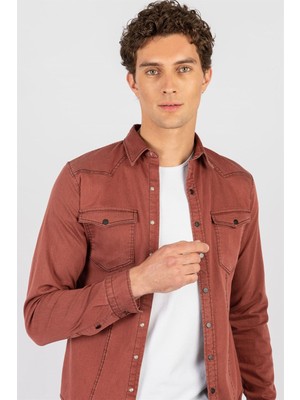 Tudors Slim Fit Uzun Kollu Gündelik Denim Kot Erkek Bordo Gömlek