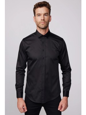 Tudors Slim Fit Uzun Kollu Pamuk Saten Erkek Siyah Gömlek