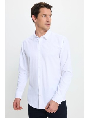 Tudors Modern Slim Fit Uzun Kollu Pamuklu Kolay Ütü Armürlü Beyaz Erkek Gömlek