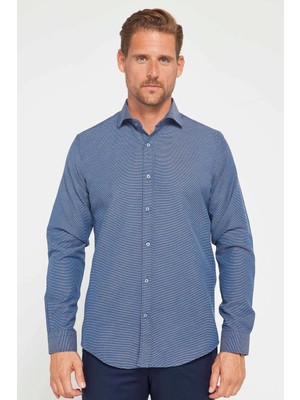 Tudors Erkek Slim Fit Dar Kesim Uzun Kollu Pamuklu Kolay Ütü Armürlü Lacivert Gömlek