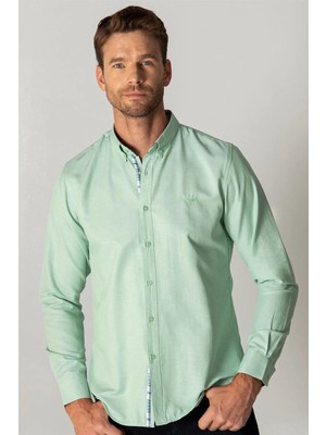 Tudors Erkek Slim Fit Dar Kesim Uzun Kollu Pamuklu Oxford Doku Kolay Ütülenebilir Mint Düğmeli Yaka Gömlek