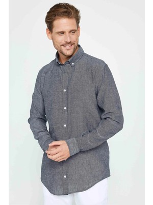 Tudors Erkek Slim Fit Dar Kesim Uzun Kollu Keten Premium Seri Düğmeli Yaka Spor Antrasit Gömlek