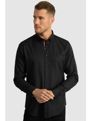 Tudors Erkek Slim Fit Dar Kesim Uzun Kollu Pamuklu Oxford Doku Lacivert Düğmeli Yaka Gömlek