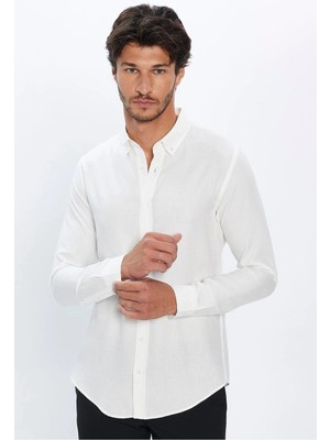 Tudors Erkek Slim Fit Dar Kesim Yün Viskon Düğmeli Yaka Beyaz Düz Gömlek