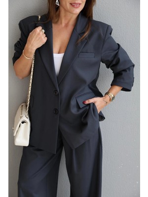 Purple By Banu Antrasit Oversize Ceket Pantolon Takım