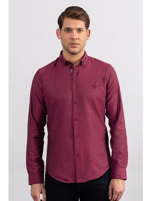 Tudors Erkek Slim Fit Dar Kesim Uzun Kollu Pamuklu Oxford Doku Kolay Ütülenebilir Bordo Düğmeli Yaka Gömlek