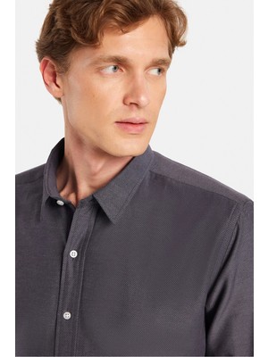 Tudors Modern Slim Fit Uzun Kollu Pamuklu Kolay Ütü Armürlü Erkek Füme Gömlek