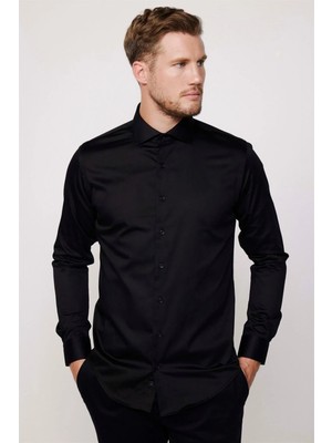 Tudors Slim Fit Uzun Kollu %100 Koton SatenPremium Erkek Siyah Gömlek