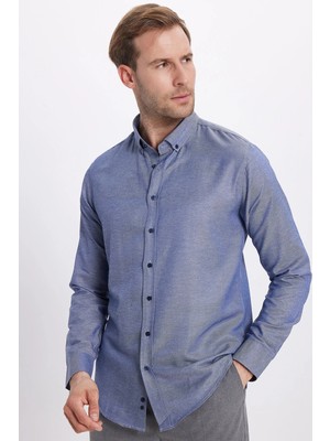 Tudors Slim Fit Uzun Kollu Düğmeli Yaka Pamuklu Kolay Ütü Düz Erkek Gömlek