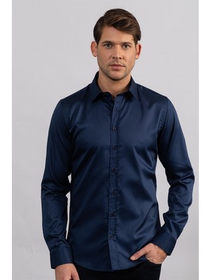 Tudors Slım Fıt Uzun Kollu %100 Koton SatenPremium Erkek Lacivert Gömlek