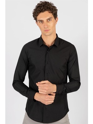 Tudors Slim Fit Uzun Kollu Pamuklu Kolay Ütü Erkek Siyah Gömlek