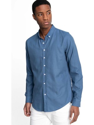 Tudors Erkek Slim Fit Dar Kesim Uzun Kollu %100 Pamuk Keten Doku Düğmeli Yaka Indigo Gömlek