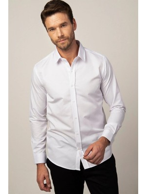 Tudors Modern Slim Fit Uzun Kollu Pamuklu Kolay Ütü Armürlü Erkek Beyaz Gömlek