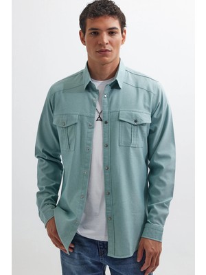 Tudors Slim Fit Uzun Kollu Spor Yaka Yıkamalı Çift Cepli Armürlü Denim Kot Mint Erkek Gömlek