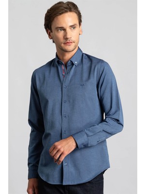 Tudors Erkek Slim Fit Dar Kesim Uzun Kollu Pamuklu Oxford Doku Lacivert Düğmeli Yaka Gömlek