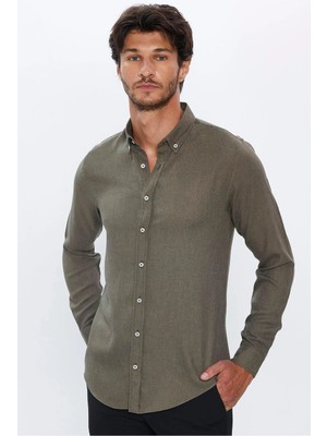Tudors Slim Fit Uzun Kollu Düğmeli Yaka Kışlık Yün Viskon Düz Gömlek