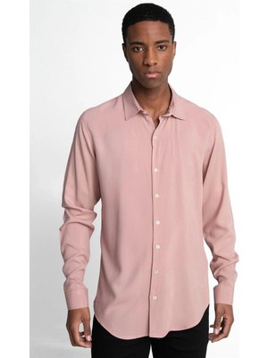 Tudors Slim Fit Uzun Kollu Dar Kesim Dökümlü Viskon Şık Erkek Pembe Gömlek