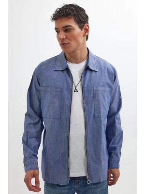 Tudors Relax Fit Uzun Kollu Denim Kot Parça Boyalı Çift Cep Fermuarlı Mavi Gömlek