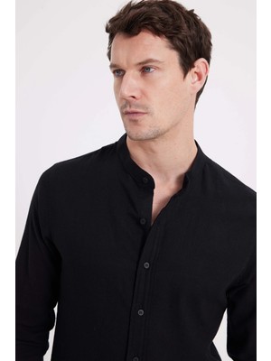 Tudors Erkek Slim Fit Dar Kesim Uzun Kollu %100 Pamuk Keten Doku Hakim Yaka Siyah Gömlek