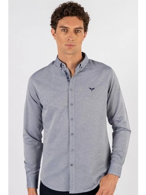 Erkek Slim Fit Dar Kesim Uzun Kollu Pamuklu Oxford Doku Kolay Ütülenebilir Gri Düğmeli Yaka Gömlek