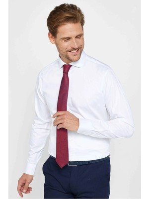 Tudors Slım Fıt Uzun Kollu Yüksek Yaka Premium Seri Cotton Saten Beyaz Gömlek
