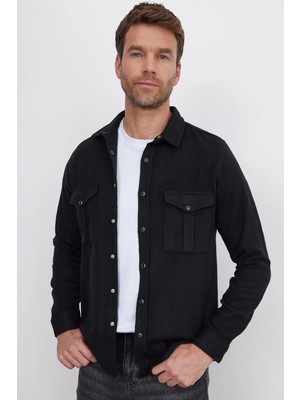 Slim Fit Uzun Kollu Kışlık Oduncu Çift Cep Kapaklı Düz Unisex Siyah Gömlek