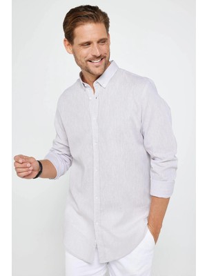 Tudors Erkek Slim Fit Dar Kesim Uzun Kollu Keten Premium Seri Düğmeli Yaka Spor Kum Renk Gömlek