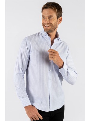 Tudors Erkek Regular Fit Klasik Kesim Pamuklu Kolay Ütü Çizgili Mavi Gömlek