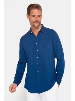 Tudors Slim Fit Uzun Kollu Dar Kesim Dökümlü Viskon Şık Erkek Lacivert Gömlek