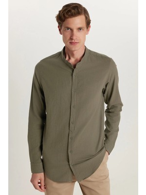 Tudors Erkek Slim Fit Dar Kesim Uzun Kollu %100 Pamuk Keten Doku Hakim Yaka Haki Gömlek