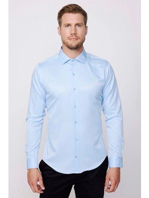 Tudors Slim Fit Uzun Kollu Pamuklu Düz Erkek Mavi Gömlek