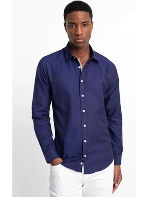 Tudors Slim Fit Uzun Kollu Oxford Doku Armürlü Biyeli Erkek Lacivert Gömlek