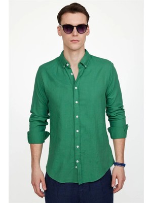 Tudors Erkek Slim Fit Dar Kesim Uzun Kollu %100 Pamuk Keten Doku Düğmeli Yaka Yeşil Gömlek