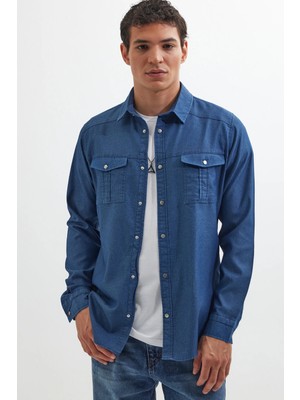 Tudors Slim Fit Uzun Kollu Spor Yaka Yıkamalı Çift Cepli Armürlü Denim Kot Indigo Erkek Gömlek