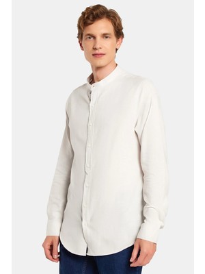 Tudors Erkek Slim Fit Dar Kesim Uzun Kollu %100 Pamuk Keten Doku Hakim Yaka Gri Gömlek