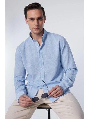 Tudors Erkek Slim Fit Dar Kesim Uzun Kollu Keten Premium Seri Düğmeli Yaka Spor Mavi Gömlek