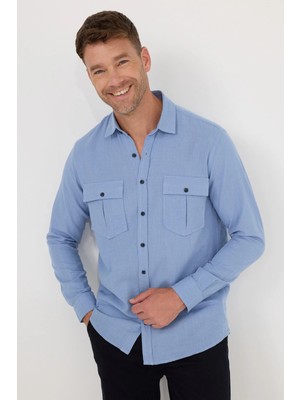 Tudors Erkek Regular Fit Klasik Kesim Oversize %100 Pamuk Keten Doku Çift Cep Mavi Gömlek