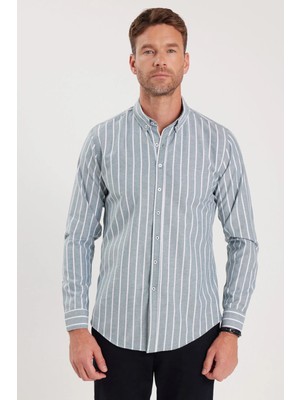 Tudors Slim Fit Uzun Kollu Düğmeli Yaka Çizgili Yumuşak Dokulu Pamuklu Erkek Gömlek